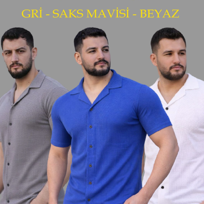 Erkek Waffle Kumaş Yakalı Kısa Kol Düğmeli Gömlek 3’lü Set Gri-Saks Mavisi-Beyaz
