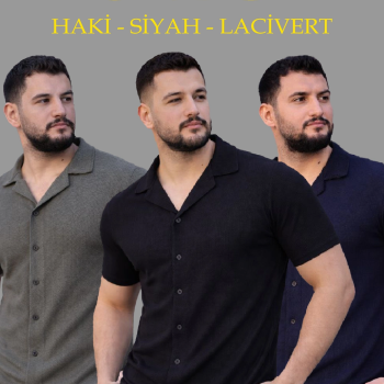 Erkek Waffle Kumaş Yakalı Kısa Kol Düğmeli Gömlek 3’lü Set Siyah-Haki-Lacivert