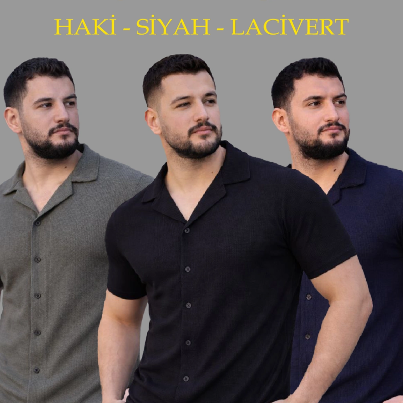 Erkek Waffle Kumaş Yakalı Kısa Kol Düğmeli Gömlek 3’lü Set Siyah-Haki-Lacivert