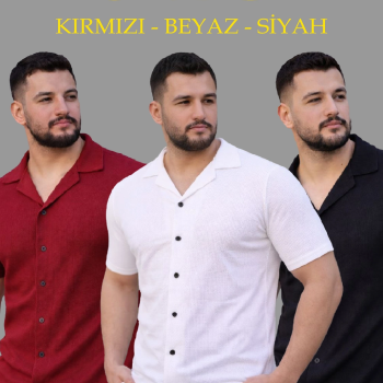 Erkek Waffle Kumaş Yakalı Kısa Kol Düğmeli Gömlek 3’lü Set Siyah-Kırmızı-Beyaz