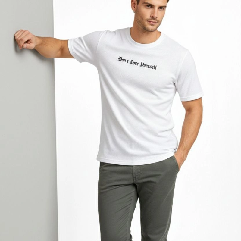 Erkek Wafıl Kumaş Tişört Regular Kalıp Bisiklet Yaka Baskılı T-Shirt - Beyaz