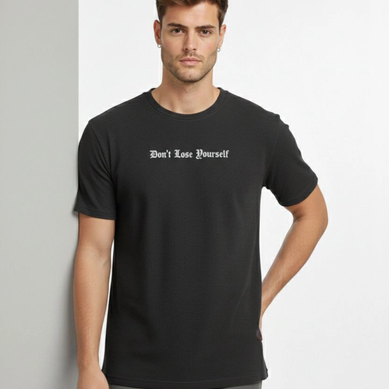 Erkek Wafıl Kumaş Tişört Regular Kalıp Bisiklet Yaka Baskılı T-Shirt - Siyah