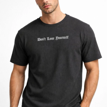 Erkek Wafıl Kumaş Tişört Regular Kalıp Bisiklet Yaka Baskılı T-Shirt - Siyah