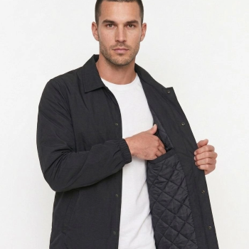 Erkek Yağmur İtici İç Astarlı Çıtçıtlı İç Cepli Dış Cepli Mevsimlik Mont - Siyah