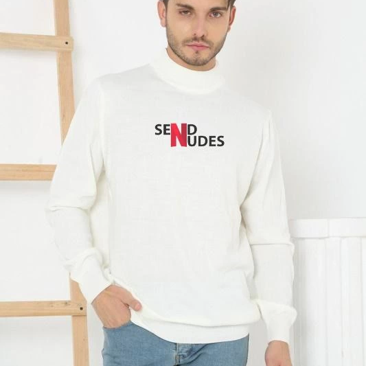 Erkek Yarım Bağazlı Kazak Baskılı Dokuma Triko - Beyaz