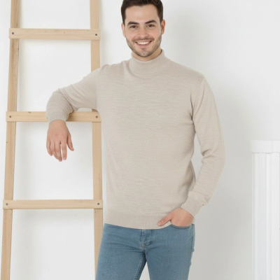 Erkek Yarım Boğaz Triko Yumuşak İnce Dokulu Pamuklu Uzun Kollu Kazak - Krem