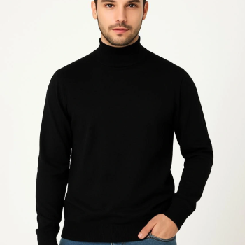 Erkek Yarım Boğaz Triko Yumuşak İnce Dokulu Pamuklu Uzun Kollu Kazak -  Siyah