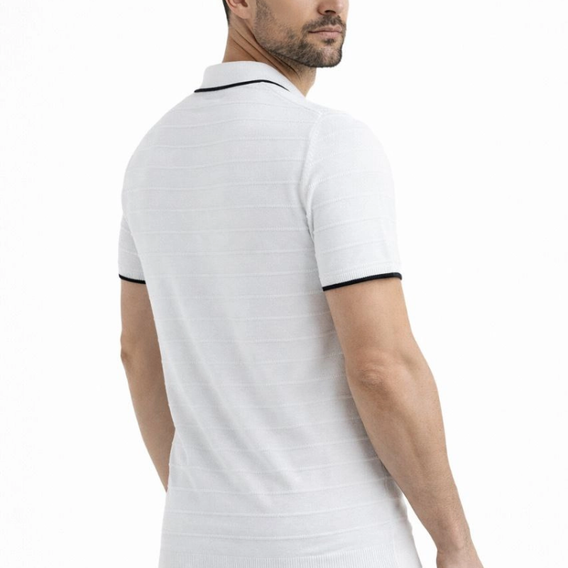 Erkek Yazlık Dokuma Triko Tişört Düğmesiz  Polo Yaka Kısa Kol T-Shirt - Beyaz