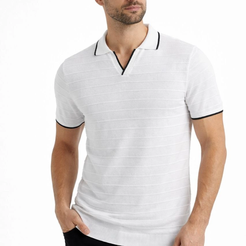 Erkek Yazlık Dokuma Triko Tişört Düğmesiz  Polo Yaka Kısa Kol T-Shirt - Beyaz