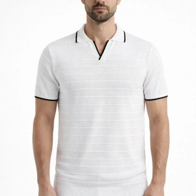 Erkek Yazlık Dokuma Triko Tişört Düğmesiz  Polo Yaka Kısa Kol T-Shirt - Beyaz