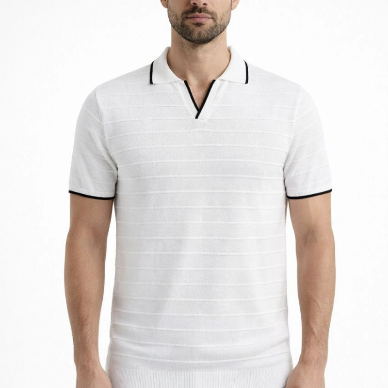 Erkek Yazlık Dokuma Triko Tişört Düğmesiz  Polo Yaka Kısa Kol T-Shirt - Beyaz