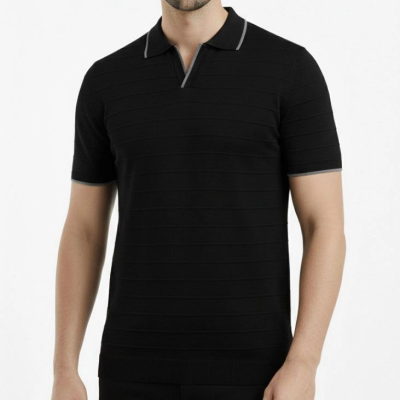 Erkek Yazlık Dokuma Triko Tişört Düğmesiz Polo Yaka Kısa Kol T-Shirt - Siyah