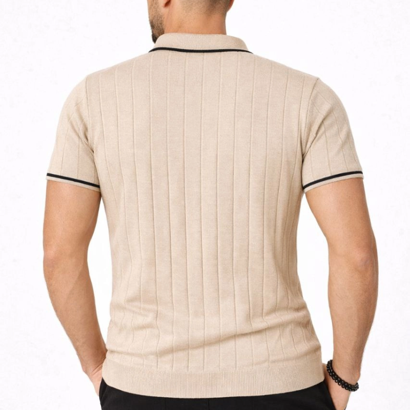 Erkek Yazlık Dokuma Triko Tişört Fermuarlı Polo Yaka Kısa Kol T-Shirt - Bej