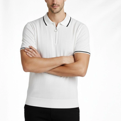Erkek Yazlık Dokuma Triko Tişört Fermuarlı Polo Yaka Kısa Kol T-Shirt - Beyaz