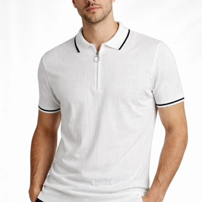 Erkek Yazlık Dokuma Triko Tişört Fermuarlı Polo Yaka Kısa Kol T-Shirt - Beyaz