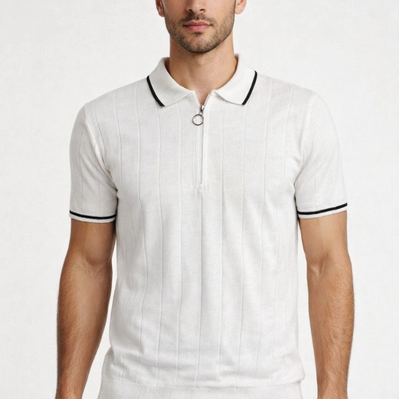 Erkek Yazlık Dokuma Triko Tişört Fermuarlı Polo Yaka Kısa Kol T-Shirt - Beyaz