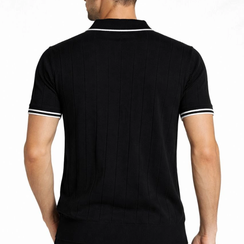 Erkek Yazlık Dokuma Triko Tişört Fermuarlı Polo Yaka Kısa Kol T-Shirt - Siyah