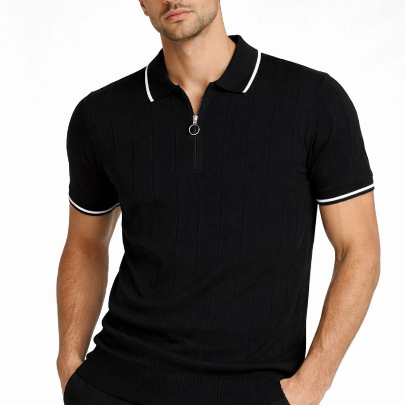 Erkek Yazlık Dokuma Triko Tişört Fermuarlı Polo Yaka Kısa Kol T-Shirt - Siyah