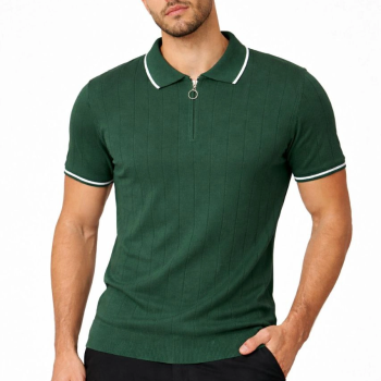Erkek Yazlık Dokuma Triko Tişört Fermuarlı Polo Yaka Kısa Kol T-Shirt - Yeşil