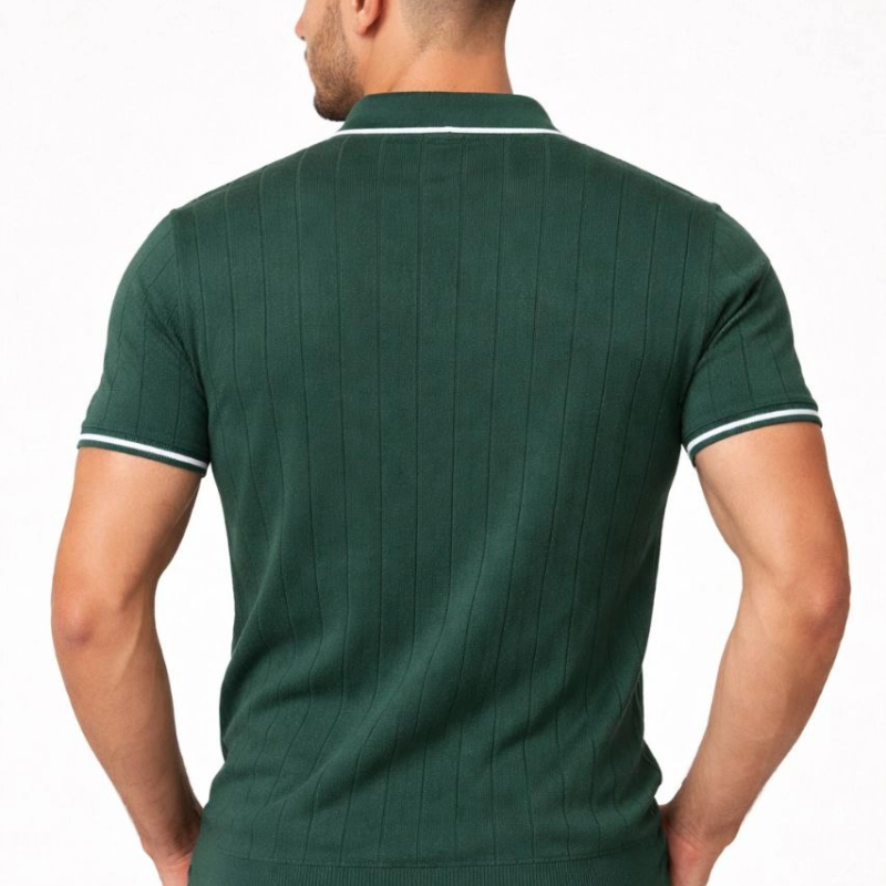 Erkek Yazlık Dokuma Triko Tişört Fermuarlı Polo Yaka Kısa Kol T-Shirt - Yeşil