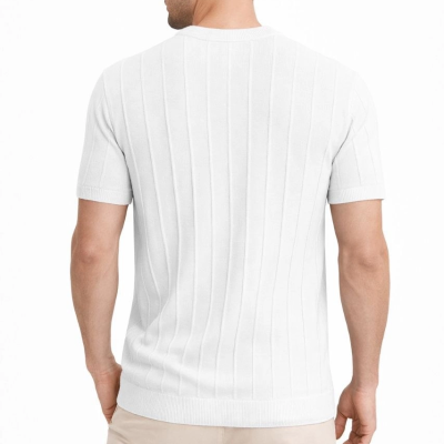 Erkek Yazlık Fitilli Triko Tişört Kısa Kol Bisiklet Yaka T-Shirt - Beyaz