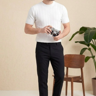 Erkek Yazlık Fitilli Triko Tişört Kısa Kol Bisiklet Yaka T-Shirt - Beyaz