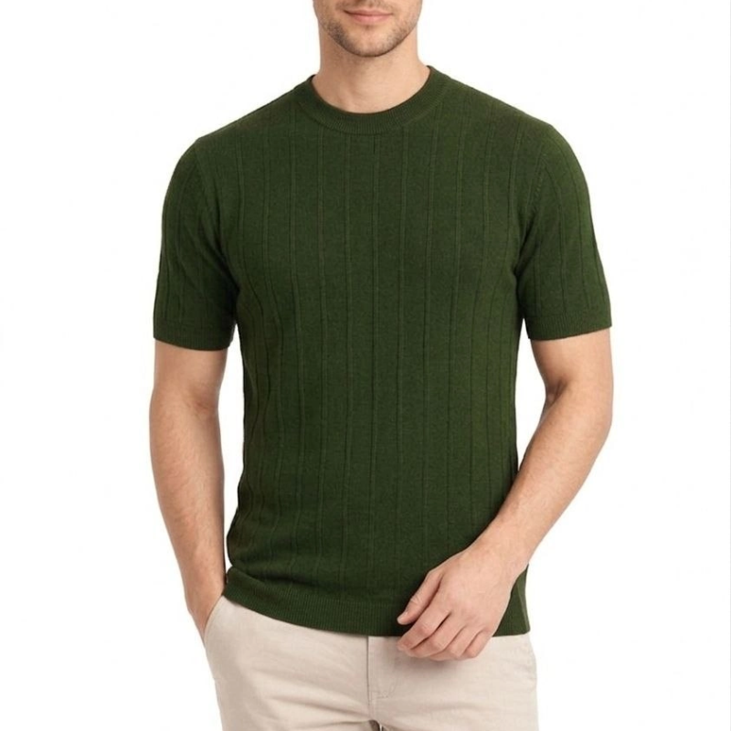 Erkek Yazlık Fitilli Triko Tişört Kısa Kol Bisiklet Yaka T-Shirt - Haki