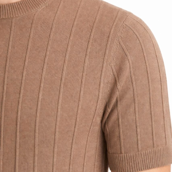 Erkek Yazlık Fitilli Triko Tişört Kısa Kol Bisiklet Yaka T-Shirt - Kahverengi