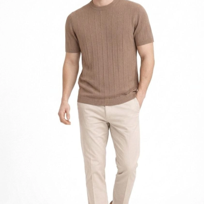 Erkek Yazlık Fitilli Triko Tişört Kısa Kol Bisiklet Yaka T-Shirt - Kahverengi