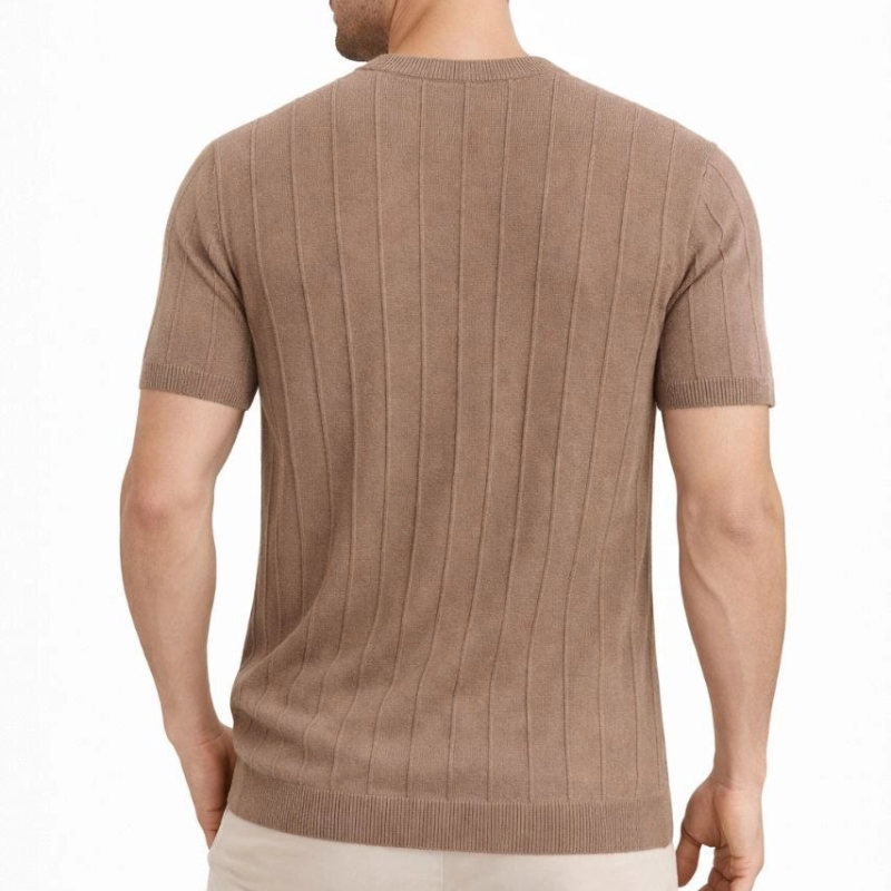 Erkek Yazlık Fitilli Triko Tişört Kısa Kol Bisiklet Yaka T-Shirt - Kahverengi