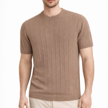 Erkek Yazlık Fitilli Triko Tişört Kısa Kol Bisiklet Yaka T-Shirt - Kahverengi