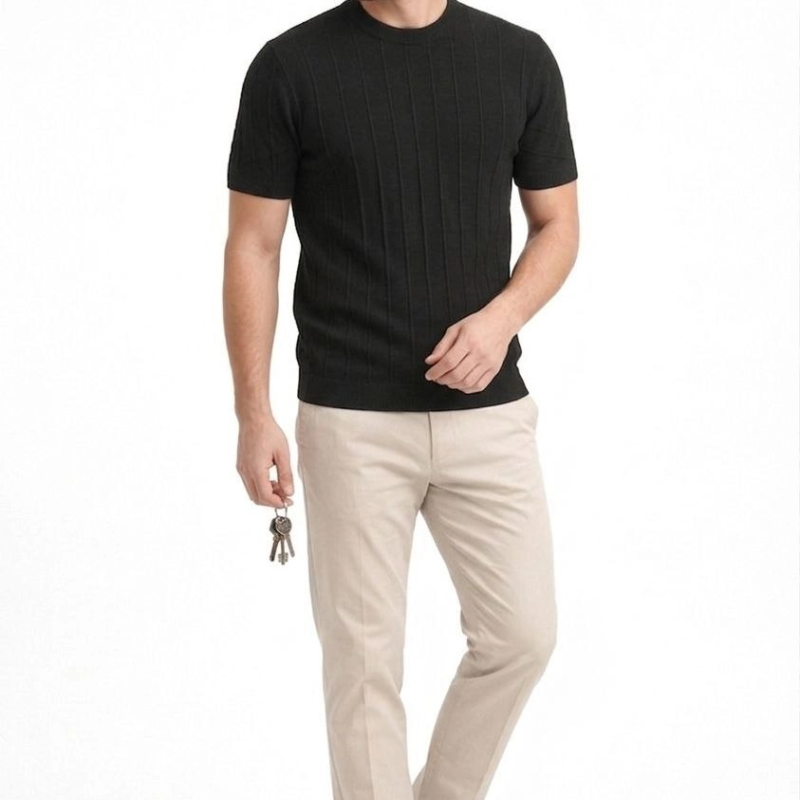 Erkek Yazlık Fitilli Triko Tişört Kısa Kol Bisiklet Yaka T-Shirt - Siyah