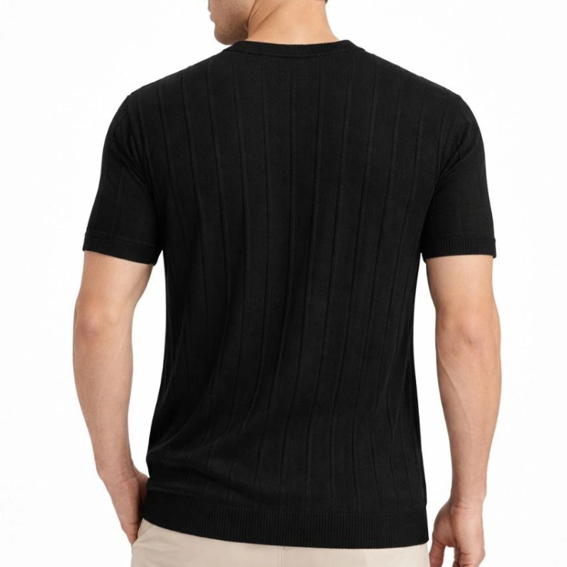 Erkek Yazlık Fitilli Triko Tişört Kısa Kol Bisiklet Yaka T-Shirt - Siyah