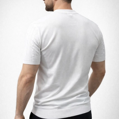 Erkek Yazlık Triko Dokuma Tişört Kısa Kol Bisiklet Yaka Örgü Desenli T-Shirt - Beyaz