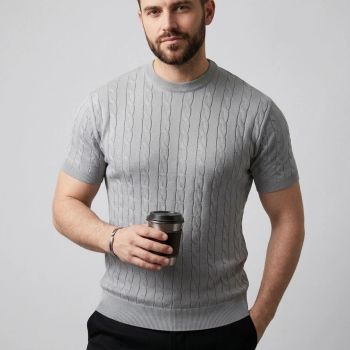 Erkek Yazlık Triko Dokuma Tişört Kısa Kol Bisiklet Yaka Örgü Desenli T-Shirt - Gri