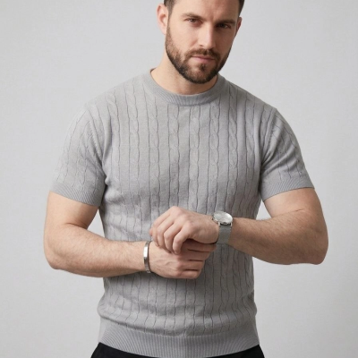 Erkek Yazlık Triko Dokuma Tişört Kısa Kol Bisiklet Yaka Örgü Desenli T-Shirt - Gri