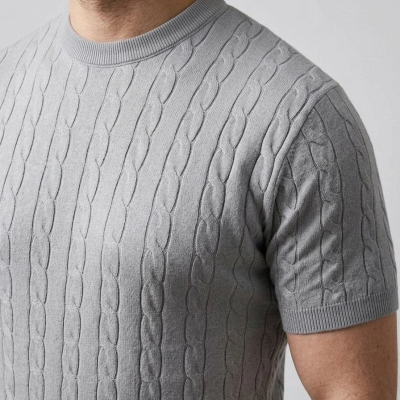 Erkek Yazlık Triko Dokuma Tişört Kısa Kol Bisiklet Yaka Örgü Desenli T-Shirt - Gri