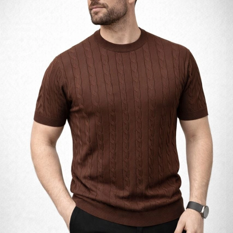 Erkek Yazlık Triko Dokuma Tişört Kısa Kol Bisiklet Yaka Örgü Desenli T-Shirt - Kahverengi