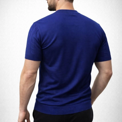 Erkek Yazlık Triko Dokuma Tişört Kısa Kol Bisiklet Yaka Örgü Desenli T-Shirt - Lacivert