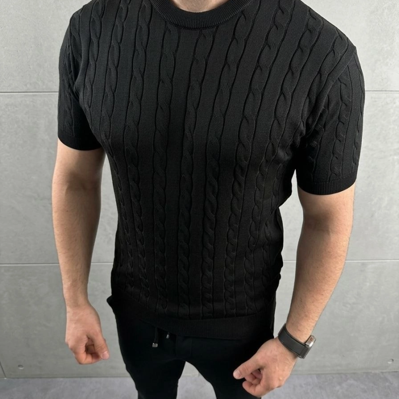 Erkek Yazlık Triko Dokuma Tişört Kısa Kol Bisiklet Yaka Örgü Desenli T-Shirt - Siyah