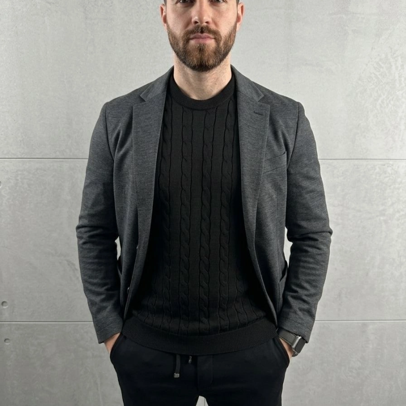 Erkek Yazlık Triko Dokuma Tişört Kısa Kol Bisiklet Yaka Örgü Desenli T-Shirt - Siyah