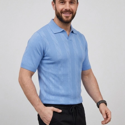 Erkek Yazlık Triko Dokuma Tişört Kısa Kol Polo Yaka T-Shirt - Bebek Mavisi