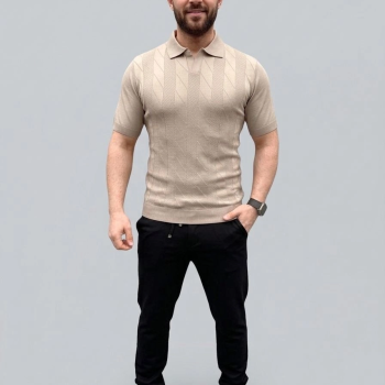 Erkek Yazlık Triko Dokuma Tişört Kısa Kol Polo Yaka T-Shirt - Bej