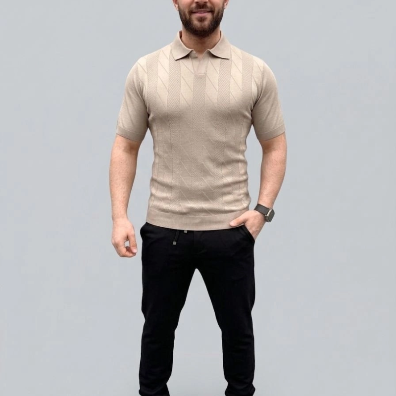Erkek Yazlık Triko Dokuma Tişört Kısa Kol Polo Yaka T-Shirt - Bej