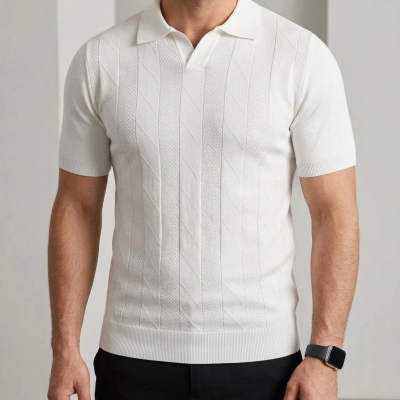 Erkek Yazlık Triko Dokuma Tişört Kısa Kol Polo Yaka T-Shirt - Beyaz