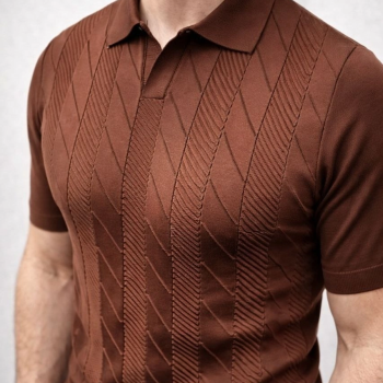 Erkek Yazlık Triko Dokuma Tişört Kısa Kol Polo Yaka T-Shirt - Kahverengi