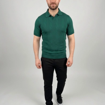 Erkek Yazlık Triko Dokuma Tişört Kısa Kol Polo Yaka T-Shirt - Koyu Yeşil