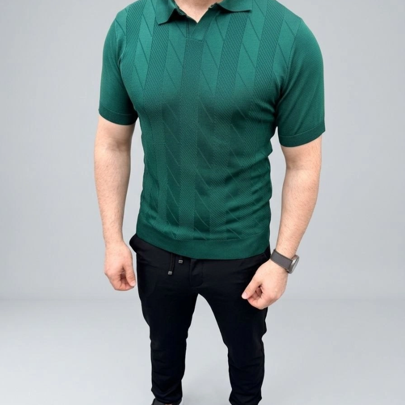 Erkek Yazlık Triko Dokuma Tişört Kısa Kol Polo Yaka T-Shirt - Koyu Yeşil