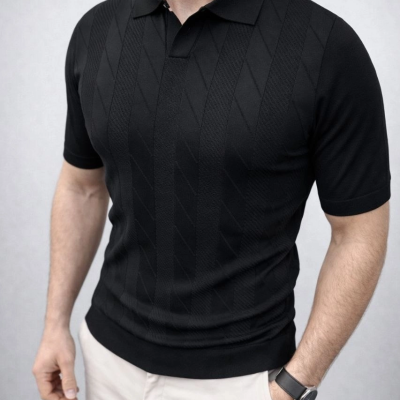 Erkek Yazlık Triko Dokuma Tişört Kısa Kol Polo Yaka T-Shirt - Siyah