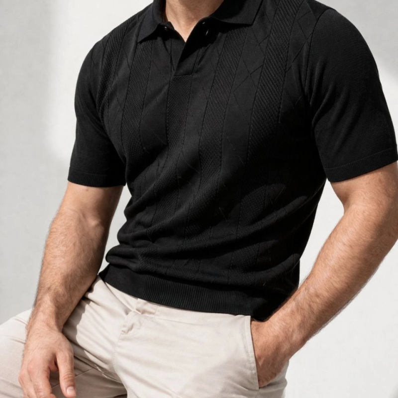 Erkek Yazlık Triko Dokuma Tişört Kısa Kol Polo Yaka T-Shirt - Siyah